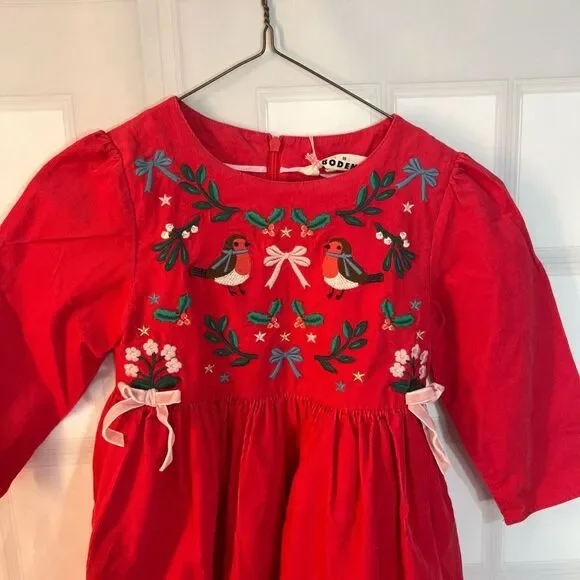 Boden NWT Pop Peony Festive Holiday Embroidered Long Sleeve Corduroy Dress 7-8Y - Picture 3 of 8
